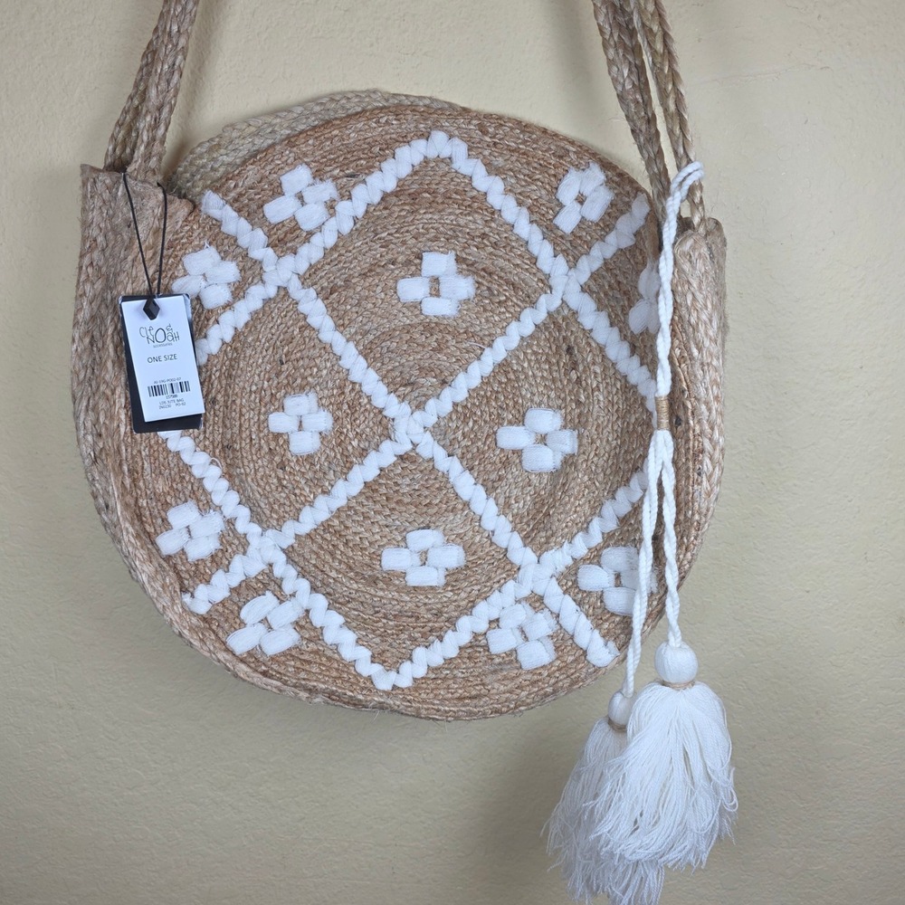 Cleobella Noah Round Jute Crossbody Bag White Tassel Geometric Boho Tan NEW
